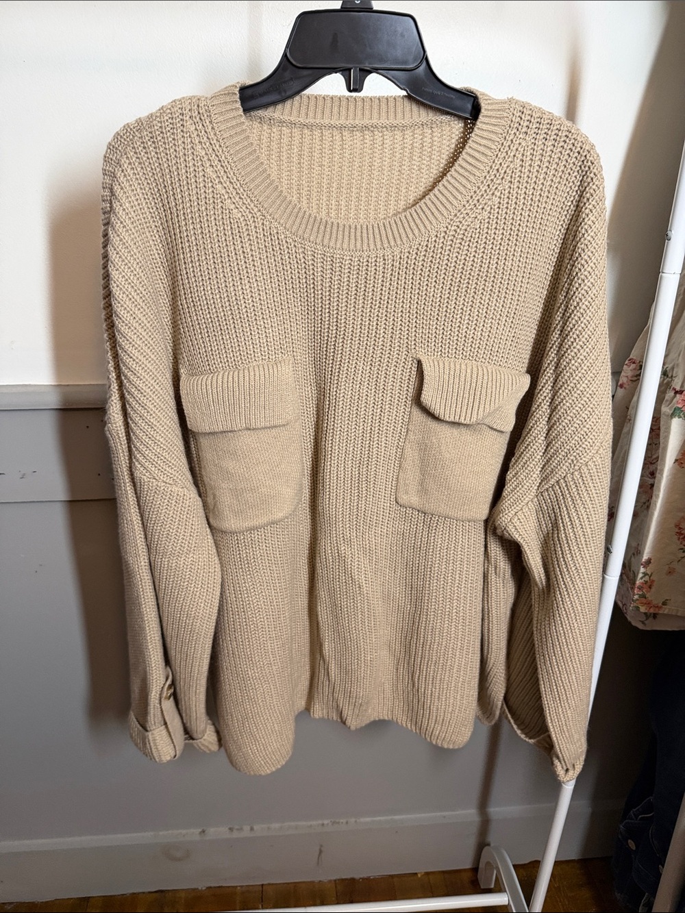 Oversized Beige Pocket Front Knit Sweater size xl
